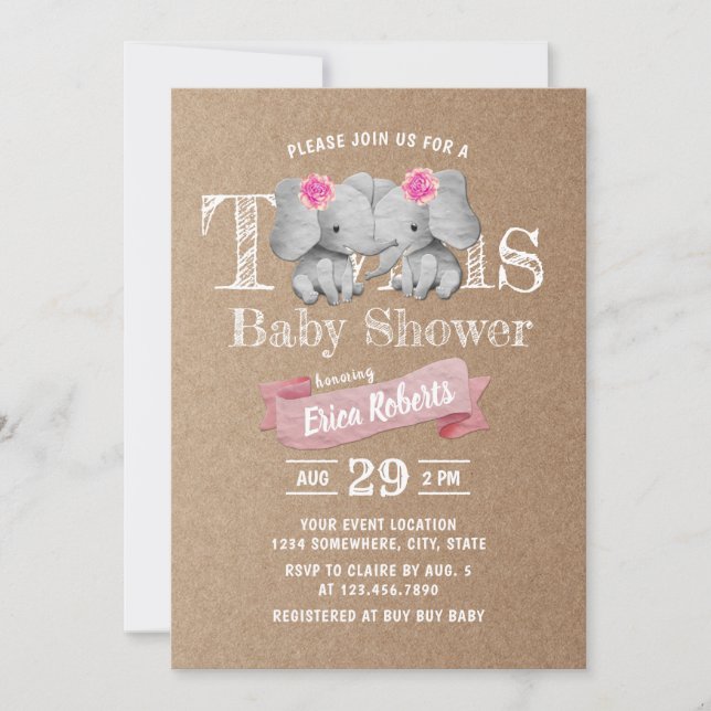 Invitación Baby Shower Chica elefante ruso kraft para elefant (Anverso)