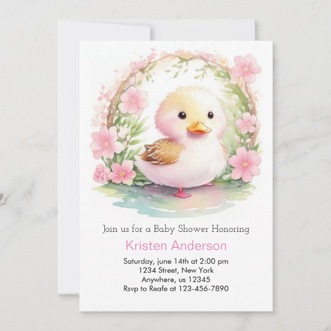 Invitación Baby Shower Chica encantado de Duckling de Flores  (Anverso)