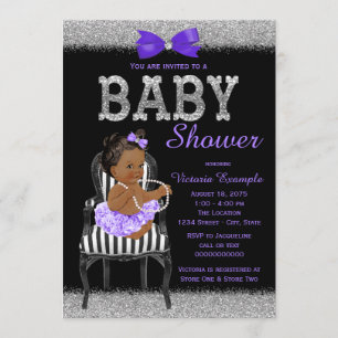 Invitación Baby Shower, Chica étnico morado de plata negra La