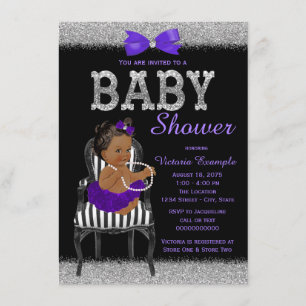 Invitación Baby Shower, Chica étnico morado negro y plateado