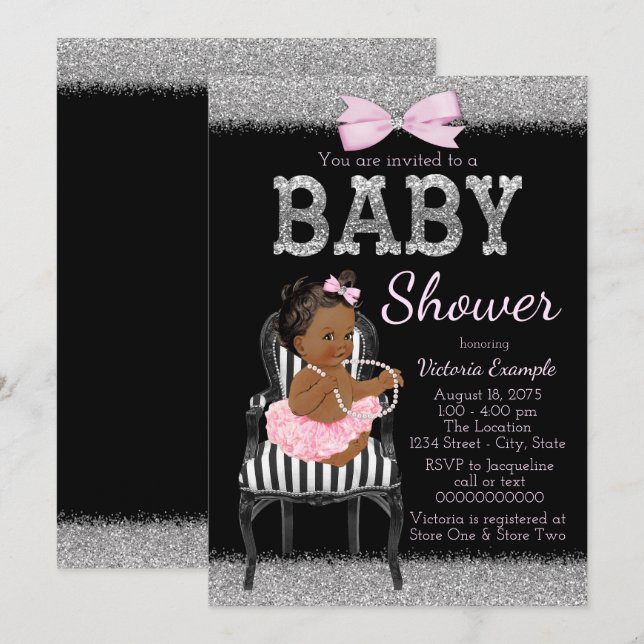 Invitación Baby Shower, Chica étnico rosado negro y plateado (Anverso / Reverso)