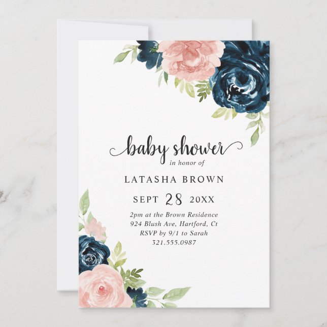 Invitación Baby Shower Chica floral azul de la Marina Rosa de (Anverso)