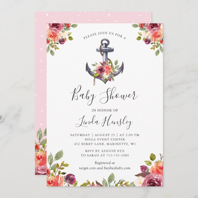 Invitación Baby Shower Chica floral de ancla náutica moderna (Anverso / Reverso)
