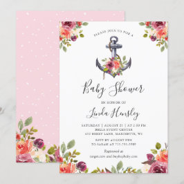 Invitación Baby Shower Chica floral de ancla náutica moderna