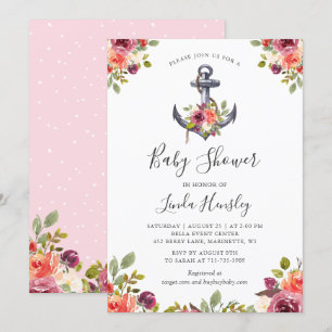 Invitación Baby Shower Chica floral de ancla náutica moderna