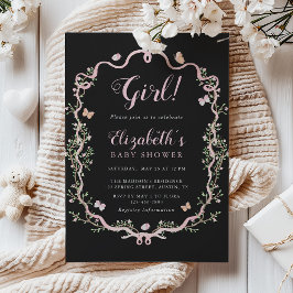 Invitación Baby Shower Chica Floral de color negro y rosa