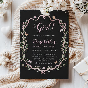 Invitación Baby Shower Chica Floral de color negro y rosa