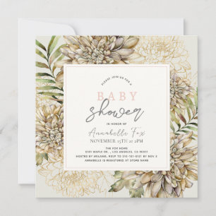 Invitación Baby Shower Chica Floral de Dahlia en blanco y oro