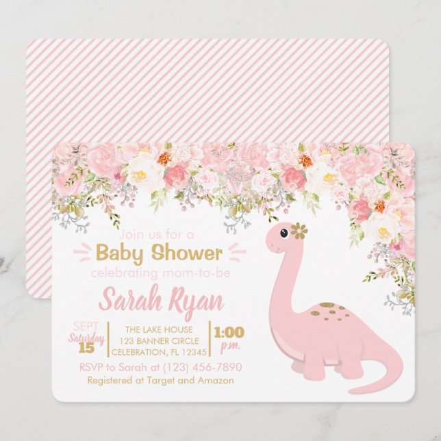 Invitación Baby Shower Chica floral de dinosaurios rosados y  (Anverso / Reverso)
