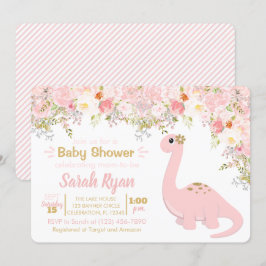 Invitación Baby Shower Chica floral de dinosaurios rosados y 