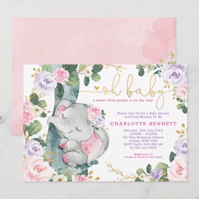 Invitación Baby Shower Chica Floral de Elefante Púrpura Rosa (Anverso / Reverso)