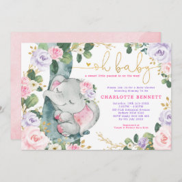 Invitación Baby Shower Chica Floral de Elefante Púrpura Rosa