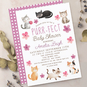 Invitación Baby Shower Chica floral de gatos cúbicos purament