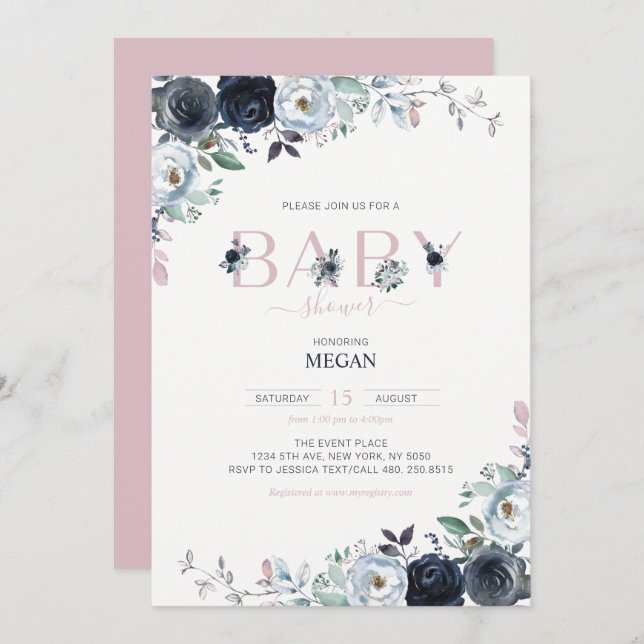 Invitación Baby Shower, Chica floral de la marina y el boho r (Anverso / Reverso)
