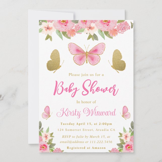 Invitación Baby Shower Chica floral de mariposa rosa y dorada (Anverso)