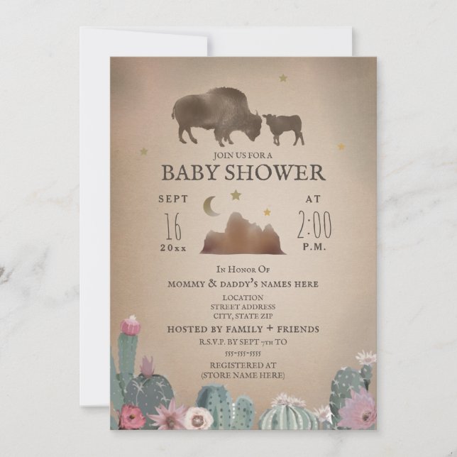 Invitación Baby Shower Chica Floral del Desierto Bison de Buf (Anverso)