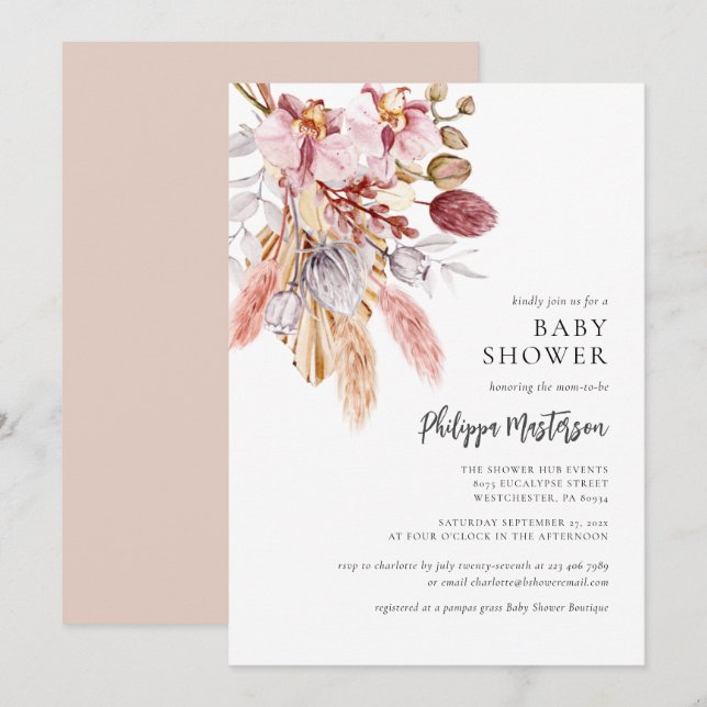 Invitación Baby Shower Chica Floral Pampas Grass Boho (Anverso / Reverso)