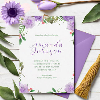 Invitación Baby Shower Chica floral Purple Spring
