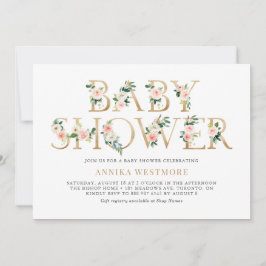 Invitación Baby Shower Chica Floral Relieve metalizado dorado