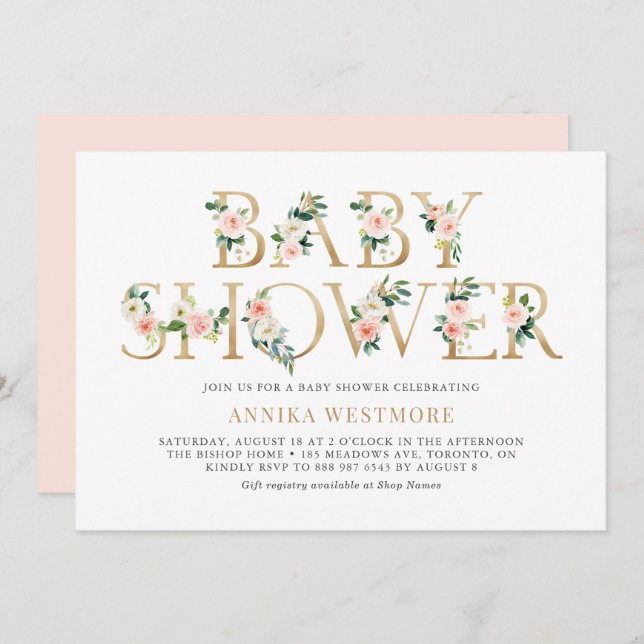 Invitación Baby Shower Chica Floral Relieve metalizado dorado (Anverso / Reverso)