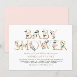 Invitación Baby Shower Chica Floral Relieve metalizado dorado