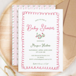 Invitación Baby Shower Chica Floral Rojo Vintage dibujado a m
