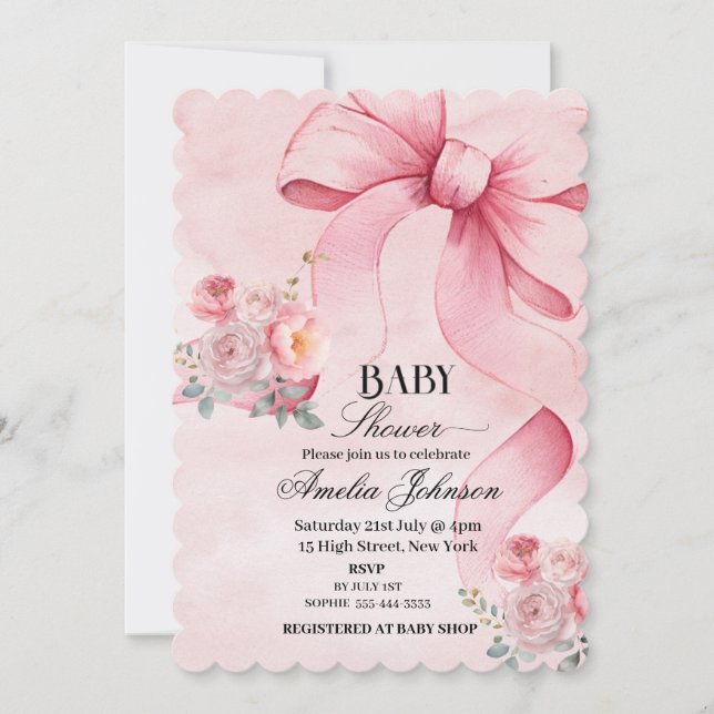 Invitación Baby Shower Chica Floral Rosa Bow (Anverso)