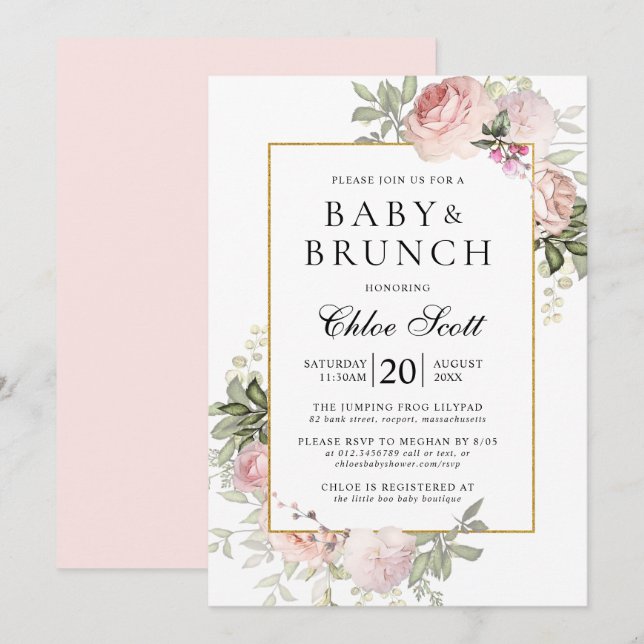 Invitación Baby Shower Chica floral rosa Rubor (Anverso / Reverso)
