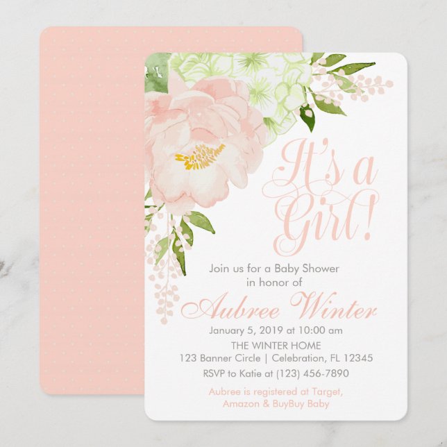 Invitación Baby Shower Chica floral Rubor Pink and Mint Sprin (Anverso / Reverso)