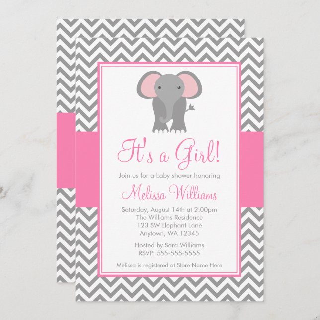 Invitación Baby Shower Chica gris rosa del elefante Chevron (Anverso / Reverso)