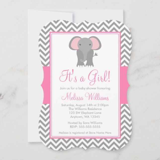 Invitación Baby Shower Chica gris rosa elefante Chevron (Anverso)