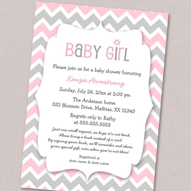 Invitación Baby Shower Chica gris rosado Invita a traer un li (Subido por el creador)