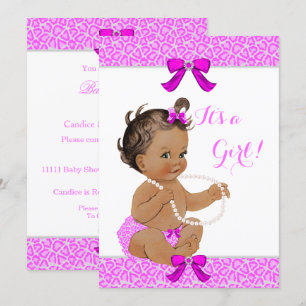 Invitación Baby Shower Chica Hot Pink Leopard Pearls Brunette