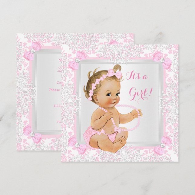 Invitación Baby Shower Chica Lace Damask Rosa Blonde (Anverso / Reverso)