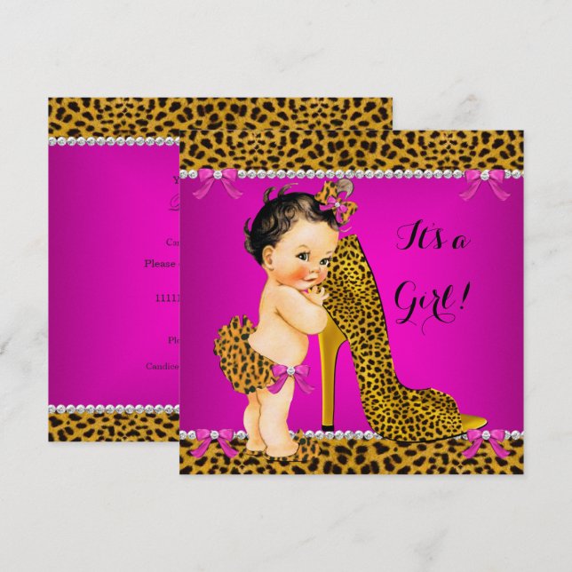 Invitación Baby Shower Chica Leopard High Heel Pink Brunette (Anverso / Reverso)