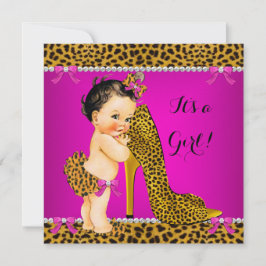Invitación Baby Shower Chica Leopard High Heel Pink Brunette