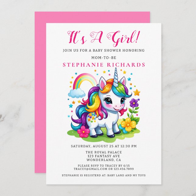Invitación Baby Shower Chica Magnético de Unicornio encantado (Anverso / Reverso)
