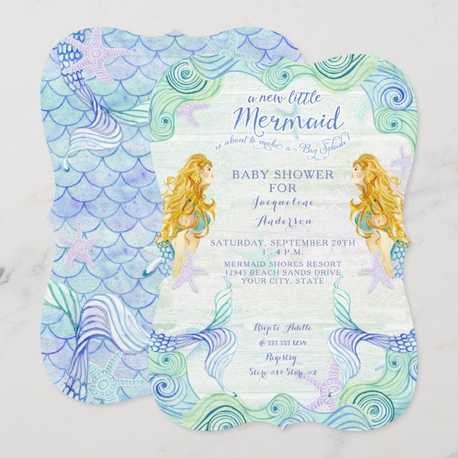 Invitación Baby Shower Chica Mermaid Watercolor Waves Wood Ar (Anverso / Reverso)