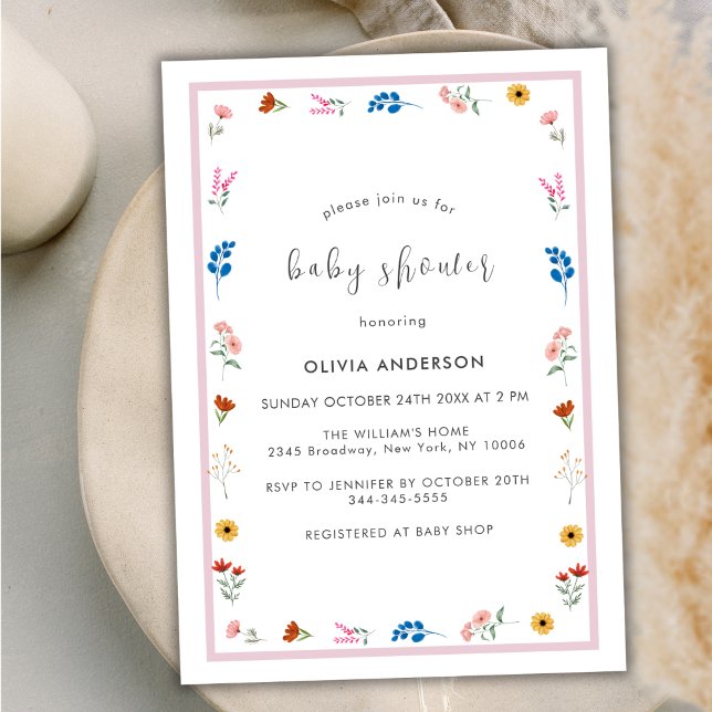 Invitación Baby Shower Chica minimo de marco de flor silvestr (Minimal Little Wildflower Frame Girl Baby Shower Invitation)
