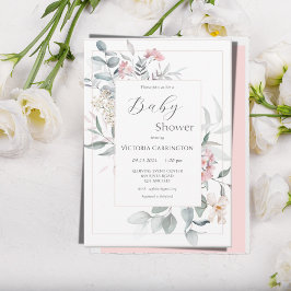 Invitación Baby Shower Chica moderno con flores rosadas