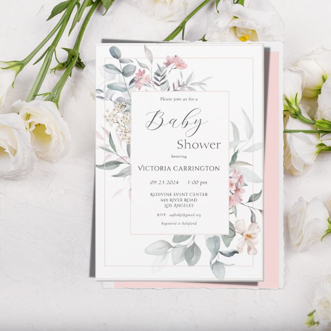 Invitación Baby Shower Chica moderno con flores rosadas (Subido por el creador)
