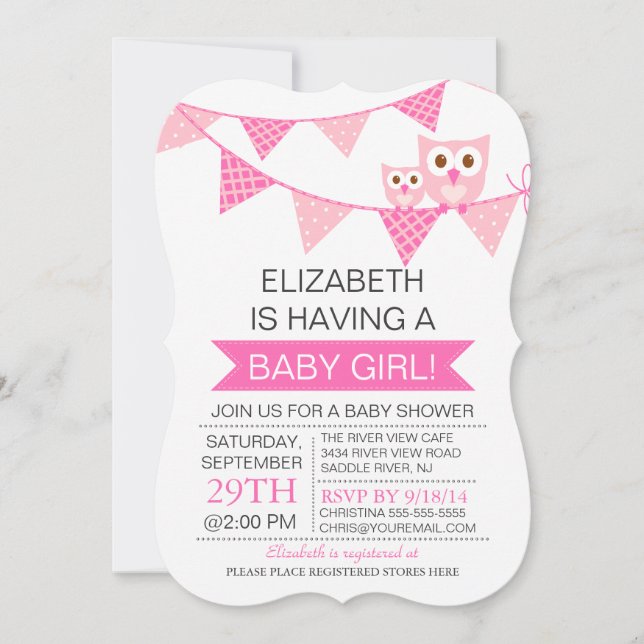 Invitación Baby Shower, CHICA moderno de búho Bunting (Anverso)