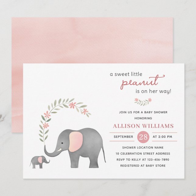 Invitación Baby Shower, Chica moderno de Elefante Rosa Floral (Anverso / Reverso)