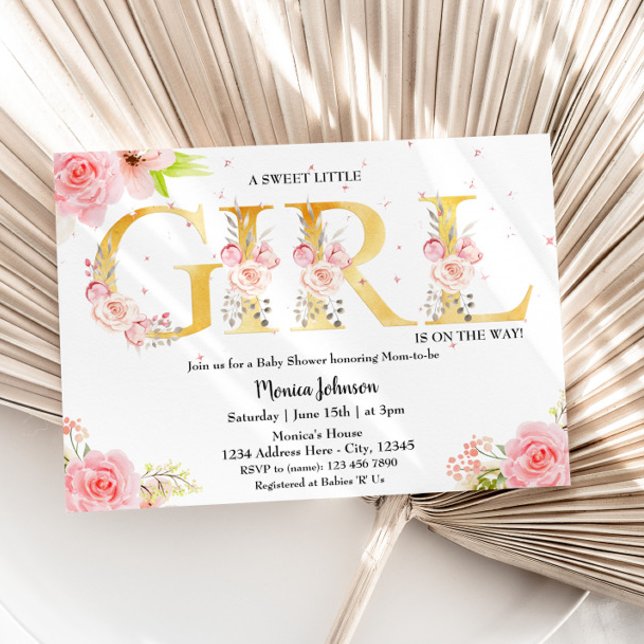 Invitación Baby Shower Chica Monograma Dorado (Subido por el creador)