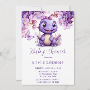 Invitación Baby Shower Chica Morado Dinosaurio Floral Maripos