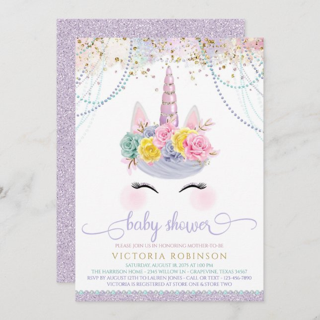Invitación Baby Shower Chica morado unicornio (Anverso / Reverso)