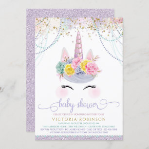 Invitación Baby Shower Chica morado unicornio