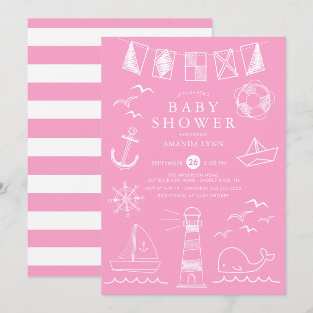 Invitación Baby Shower Chica Nautical Sailboat (Anverso / Reverso)