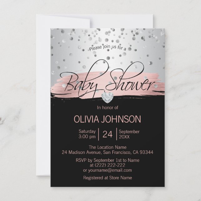 Invitación Baby Shower Chica negro rosado de plata personaliz (Anverso)