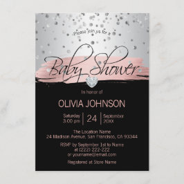 Invitación Baby Shower Chica negro rosado de plata personaliz
